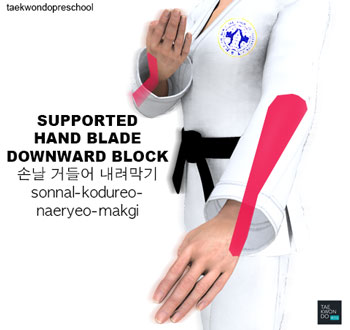 Supported Hand Blade Downward Block ( 손날 거들어 내려막기 sonnal-kodureo-naeryeo-makgi )