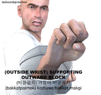 (Outside Wrist) Supporting Outward Block ( (바깥팔목) 거들어 바깥막기 (bakkatpalmok) kodureo bakkat makgi )