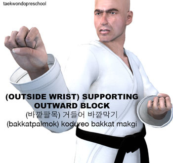 (Outside Wrist) Supporting Outward Block ( (바깥팔목) 거들어 바깥막기 (bakkatpalmok) kodureo bakkat makgi )