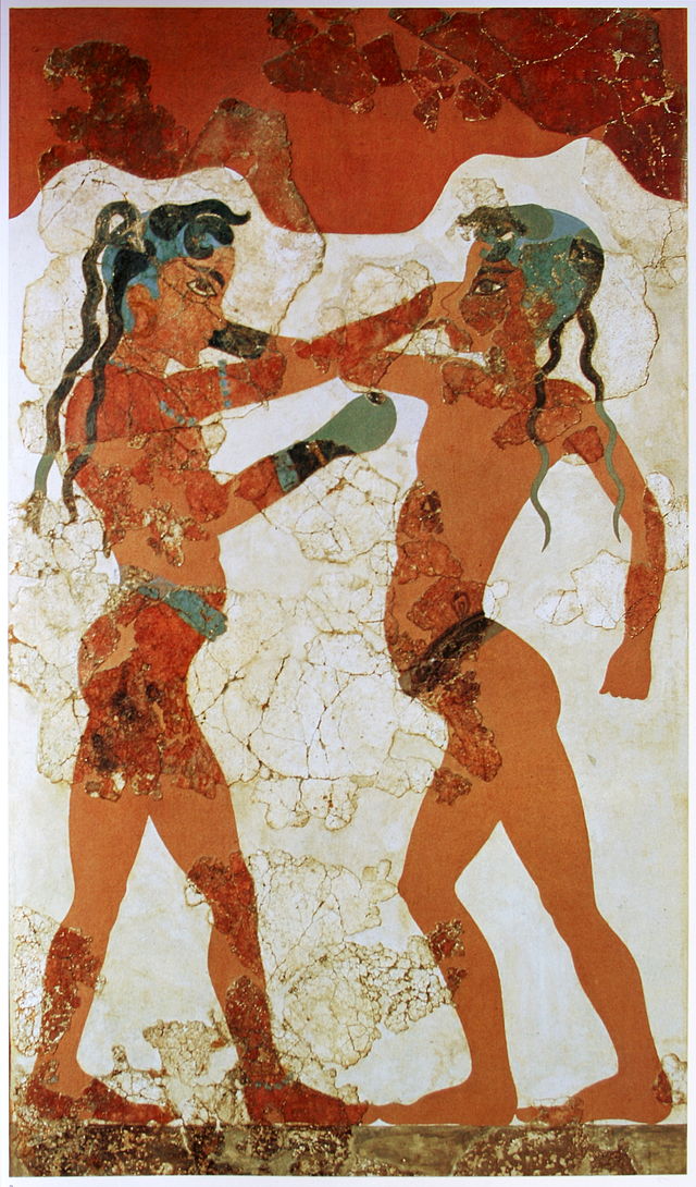 Young boxers fresco, Akrotiri, Greece. This fresco depicts two naken children wearing a belt and boxing gloves. Their head is shaved, excepted two long locks on the back, and two shorter on the forehead. Their dark skin indicates their gender. The boy at left is more reserved, and wears jewelry (bracelets, necklace) which indicates a high social status. Work from the same artist of the Antilops fresco. Room B1, building B in Akrotiri.