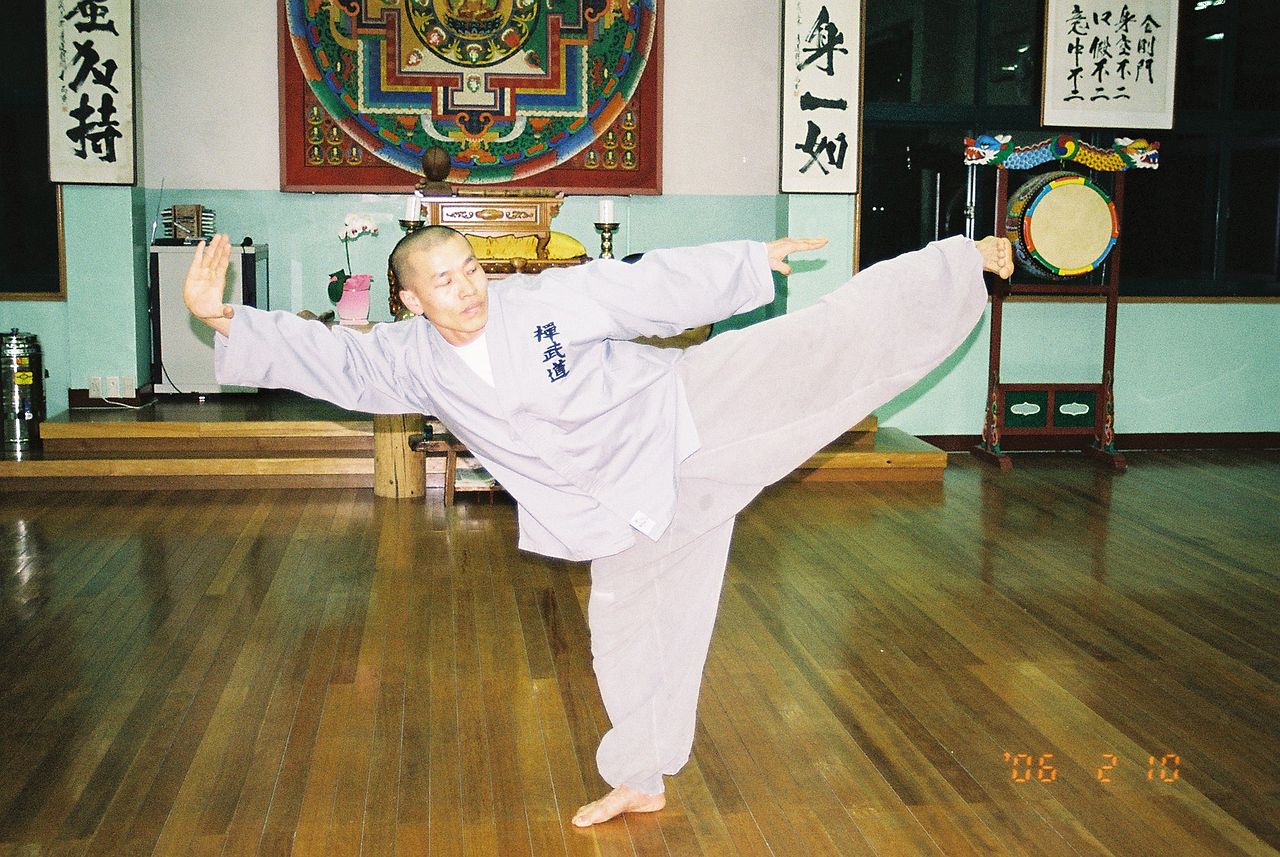 Monk named Chul-An practices a Poomse in Sunmudo Training Hall