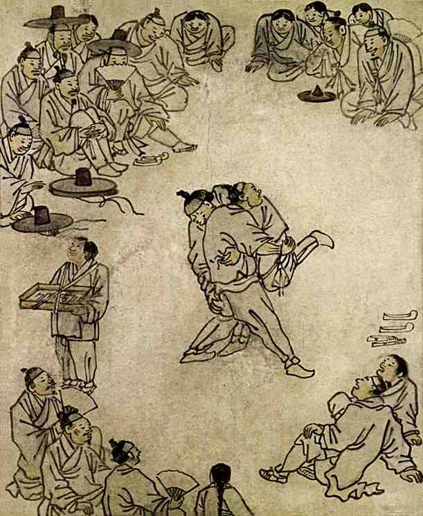 The painting titled Sangbak drawn by Kim Hong-do illustrates people gathering around to watch a ssireum competition in the late 18th century.