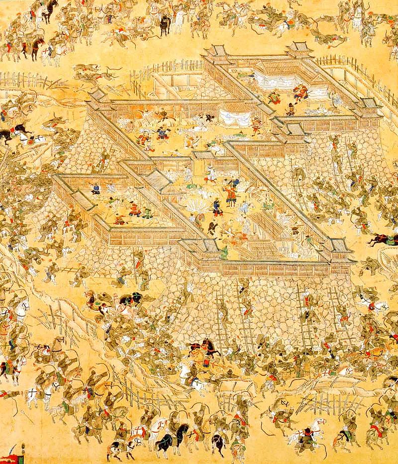 Korean Army under Gwon Yul attacking the Japanese Castle at Ulsan, commanded by Kato Kiyomasa. Note that the entire formation is archers, as painted by the Japanese.