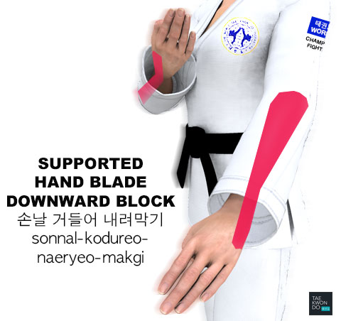 Supported Hand Blade Downward Block ( 손날 거들어 내려막기 sonnal-kodureo-naeryeo-makgi )