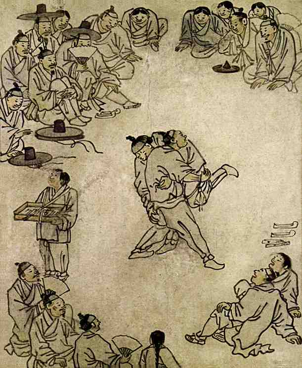 The painting titled Sangbak drawn by Kim Hong-do illustrates people gathering around to watch a ssireum competition in the late 18th century. The painting titled Sangbak drawn by Kim Hong-do illustrates people gathering around to watch a ssireum competition in the late 18th century.