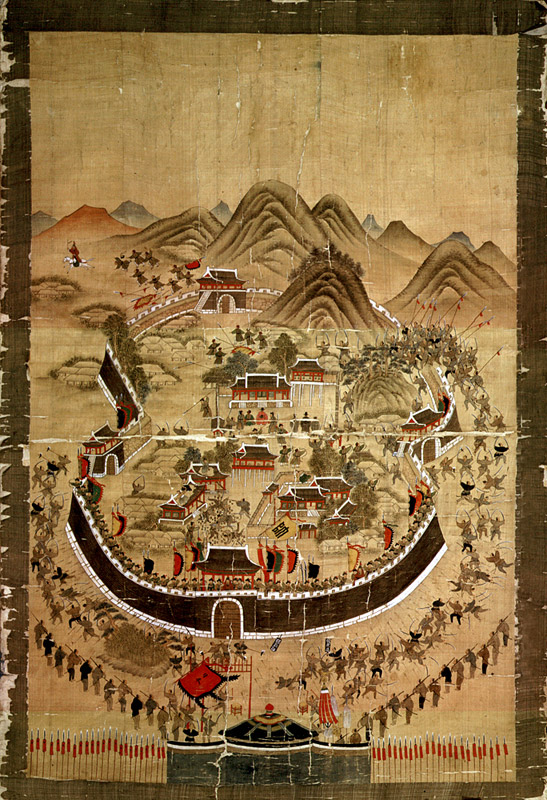 Siege of Dongrae Japanese army armed with double swords attacking the town of Dongrae. All Korean Soldiers are armed with the composite bow. Siege of Dongrae Japanese army armed with double swords attacking the town of Dongrae. All Korean Soldiers are armed with the composite bow.