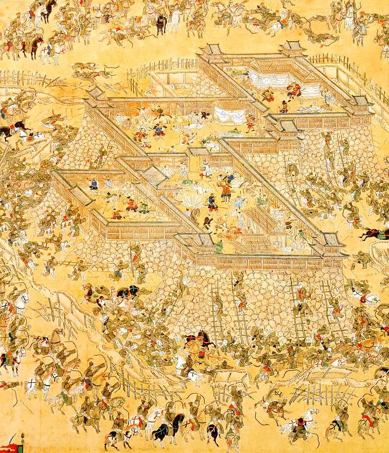 Korean Army under Gwon Yul attacking the Japanese Castle at Ulsan, commanded by Kato Kiyomasa. Note that the entire formation is archers, as painted by the Japanese. Korean Army under Gwon Yul attacking the Japanese Castle at Ulsan, commanded by Kato Kiyomasa. Note that the entire formation is archers, as painted by the Japanese.