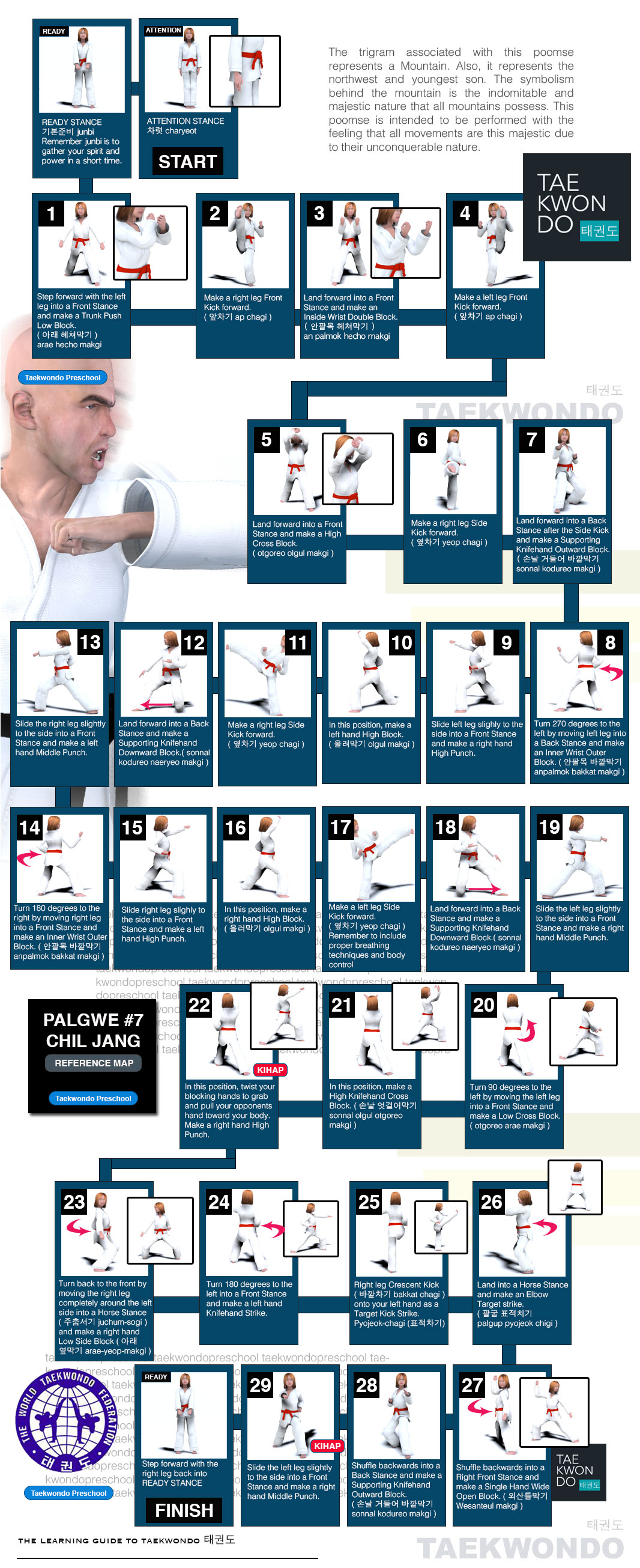 Palgwe #7 Chil Jang Poomse Diagram Map World Taekwondo (WT) Poomse 품새